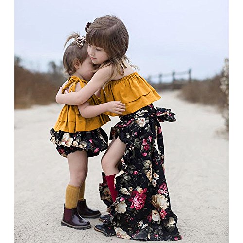 Baby Girls Off-Shoulder Strap Top+Floral Bloomer Shorts/Dress Sisters Twins Clothes Set