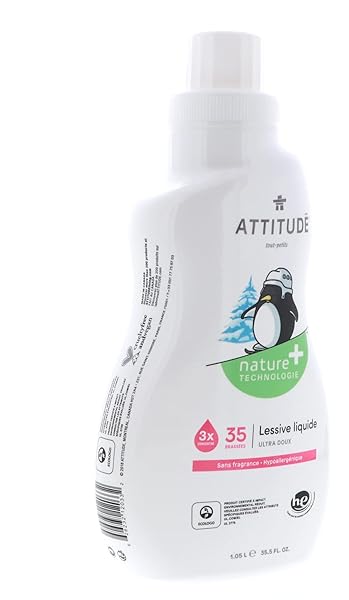 ATTITUDE BABY LAUNDRY DETERGENT, EWG VERIFIED, PLANT AND MINERAL-BASED FORMULA, HE COMPATIBLE, VEGAN HOUSEHOLD PRODUCTS, UNSCENTED, 35 LOADS, 35.5 FL OZ