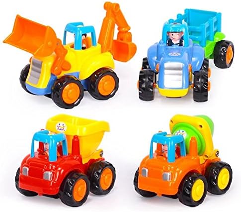 Geefia Set of 4 Cartoon Engineering Vehicles Friction Powered Push and Go Vehicle for Toddlers (Bulldozer, Dumper, Tractor, Cement Mixer)
