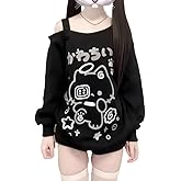 GOTHPICKUS Y2K Off Shoulder Kawaii Cute Graphic Sweatshirt Casual Long Sleeves Hrajuku Tops Cat Print Pullover Sweatshirts