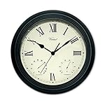 12" Battery Operated Black Large Print Roman Numeral Outdoor Clock, Thermometer and Hygrometer