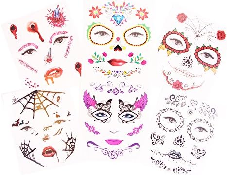 Day Of The Dead Halloween Temporary Tattoos Black Skull Flora Fake Costume Tattoo Kit - 6 Pack