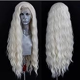 ELESTY Long Wavy White Blonde Hair Synthetic Lace Front Wig For Women Natural Loose Curly #60 Platinum Icy Blonde Lace Wigs Free Part Water Wave Glueless Lace Front Wigs High Temperature Hair Cosplay