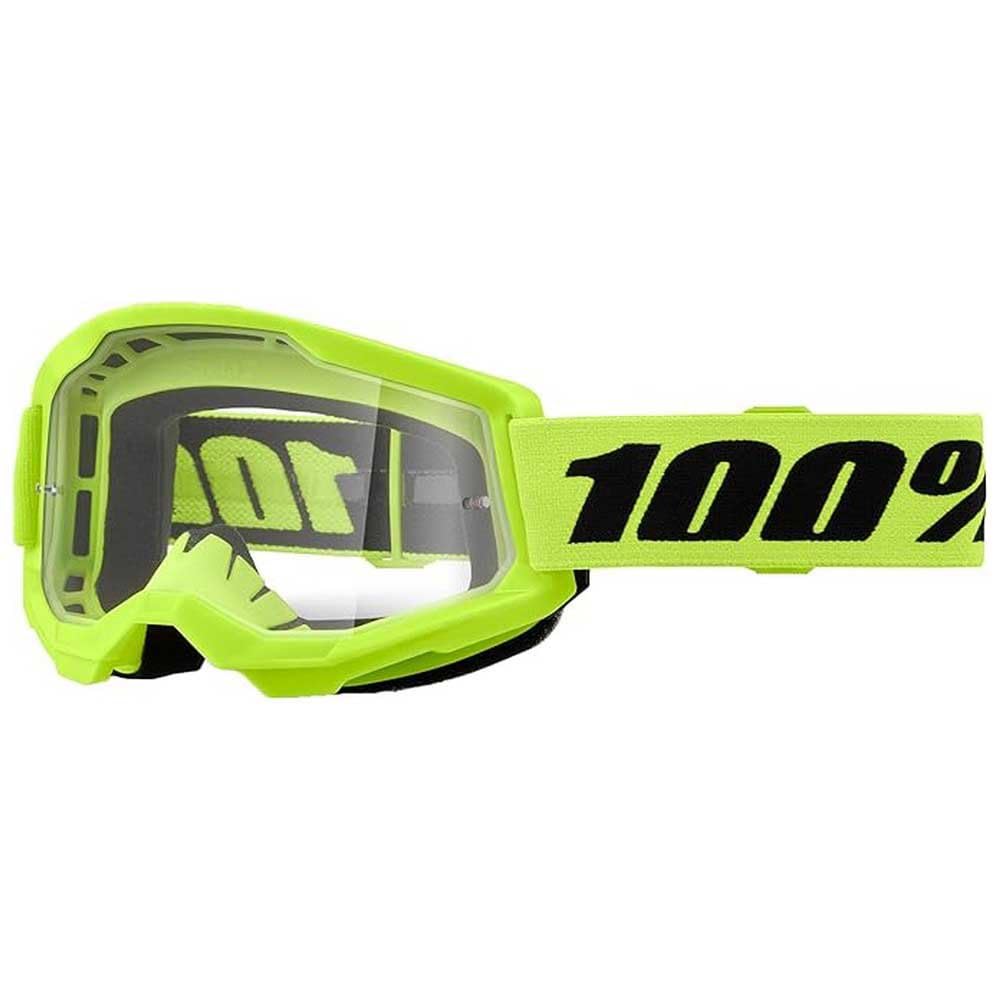 100% Strata 2 Goggles | Mirrored & Clear Lens Options | MTB/MX Goggles – Anti-Fog, Sweat-Absorbing Foam, Silicone Strap | Adult Off-Road Riding Eyewear Protection (Neon Yellow, Clear Lens)