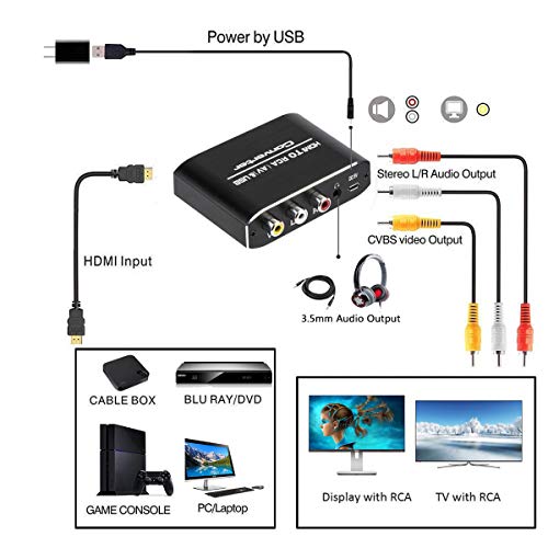 HDMI to RCA Converter, HDMI to AV 3RCA CVBS Composite Adapter with 3.5mm Audio Jack Supports PAL/NTSC for TV Stick, Roku, Chromecast, Apple TV, PC, Laptop, Xbox, HDTV, DVD Etc