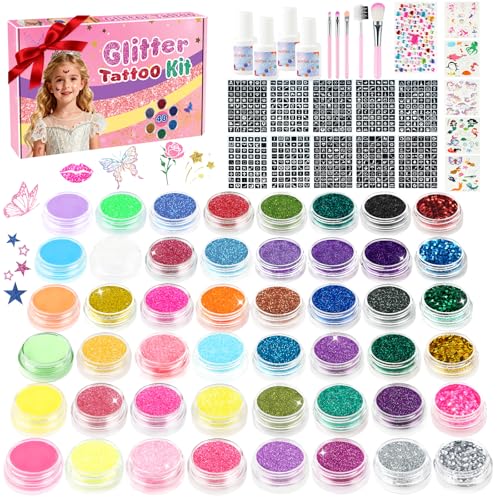 Children's Glitter Tattoo Set, 48 Colours, Glitter Tattoos, Girls, 540 Stencils, 115 Rhinestones, 5 Brushes, 4 Glues, Waterproof Temporary Tattoos for Children, Gift for Birthday, Party, Christmas
