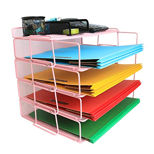 LUCYCAZ Desk Organizer - Letter Tray, 4 Tier Stackable Paper Tray Pink File Organizer for Home, School and Office - Thumbnail 5