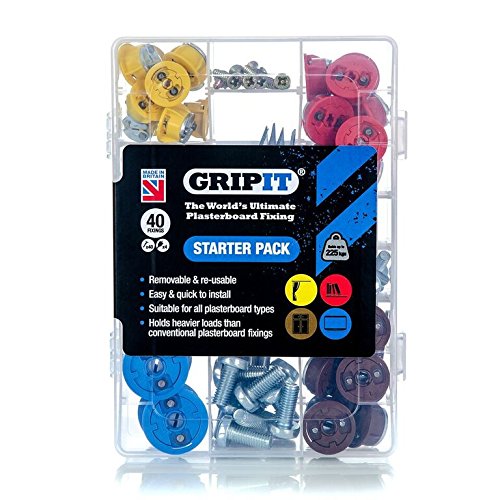 GripIt Drywall Anchor Fixing Kit Holds Up To 250 Pounds or 113 Kilograms Of Weight. Perfect For Hanging Heavy Such as TVs, Boilers, Cabinets on Plasterboard Walls.. Removable and Reusable Screws (40 Fixings, Drill Bit Included)