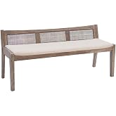 Pemberly Row Living Room Bench, 52.36 x 18.75 x 23.37 in, Wood Frame with Woven Cane Back, Brown Stain Finish, Beige Cushioned Seat, Sturdy Design for Entryway, Bedroom or Bathroom