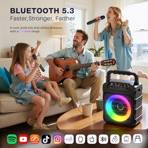 Karaoke Machine Microphone for Adults Kids, Exssary Portable Bluetooth Speaker with 2 Wireless Karaoke Microphone PA System with Lights Supports TWS/TF Card/USB/AUX for Family Home Party