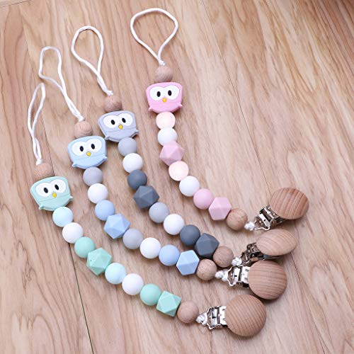 Forgun Owl Silicone Teething Pacifier Clips with Safe Wooden Beads Pacifier Chain Holder for Nipples Baby Chew Toys