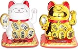 Set of 2 Small White & Gold Happy Beckoning Fortune Happy Cats Maneki Neko Solar Toy Home Decor Business Part Gift ~We Pay Your Sales Tax
