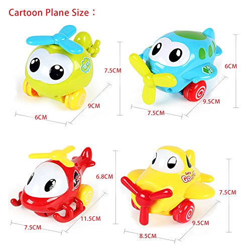 PUSITI Pull Back Cartoon Plane Assorted 4" Airplane Friction Cars Playset 4 Pack Plastic Helicopter Aircraft for Preschool Children Baby Toddlers Kids Pull-Back Vehicle Education Learning Toys - Thumbnail 2
