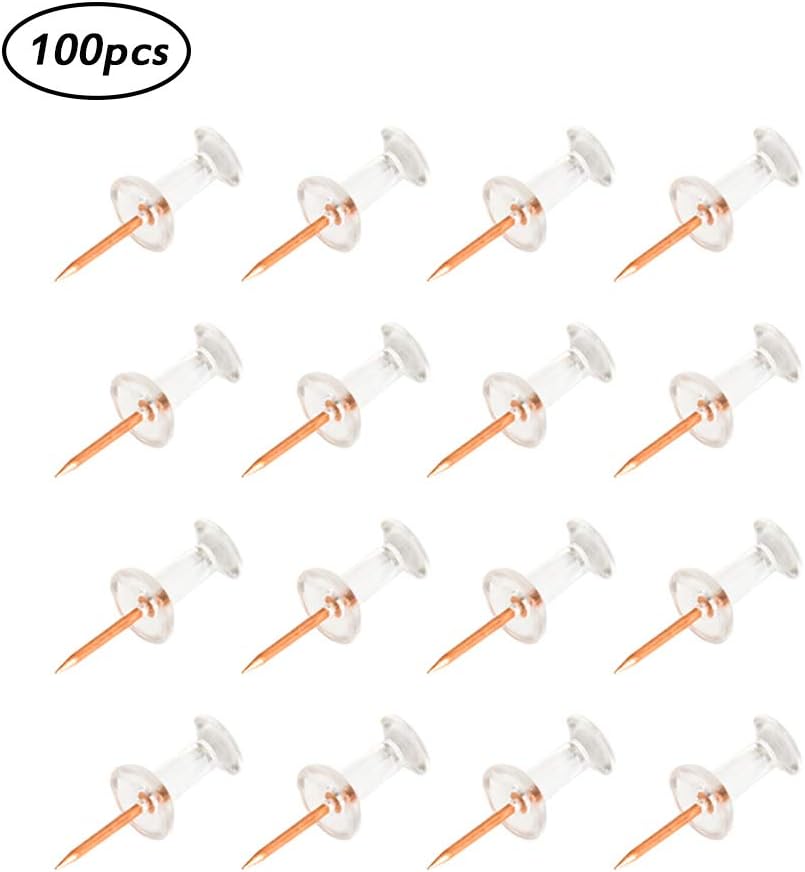 Push Pins Gold Rose Thumb Tacks, Standard Pins Gold Steel Point and Transparent Plastic Head 100-Count for Maps, Bulletin Boards, and Calendars