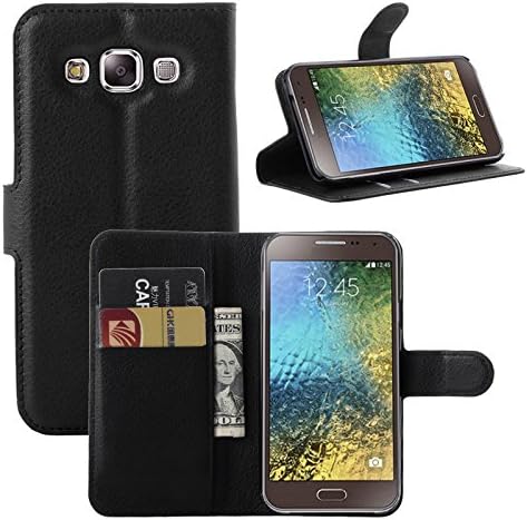 Samsung Galaxy E5 / E500 Case - Demomm(tm) Flip Pu Leather Wallet Case Holder Cover with Stand/Card Slots for Samsung Galaxy E5 E500 (E5-Black)