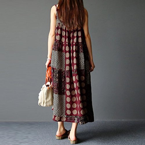 Muranba Plus Size Dress, Women Summer Sleeveless Print Linen Strappy Loose Boho Long Plus Size Dress (Red, XXL)