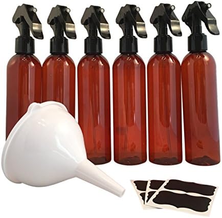 Amber Mist Spray Bottle with Lockable Micro Mist Trigger 8 oz (6 Pack) includes Funnel and Chalkboard Labels