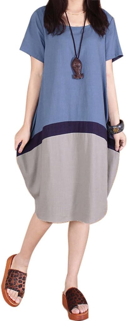Mineroad Women's Knee Length Short Sleeve Round Neck Mixed Colors Spliced Cotton Linen Summer Irregular Dress Blue UK 16
