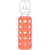 Lifefactory 9oz Glass Baby Bottle with Stage 2 Nipple, Papaya | Protective Silicone Sleeve, BPA Free, Reusable, Dishwasher Safe