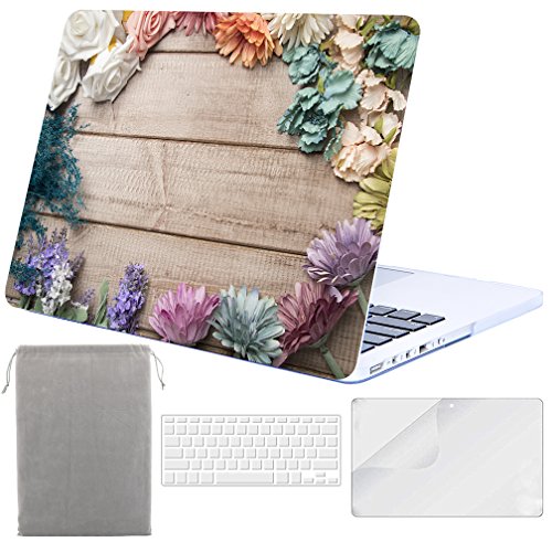 Sykiila - Macbook Pro 13 Inch with Retina Display Case (for Macbook Model: A1425/A1502) Hard Cover 4 in 1 with HD Screen Protector + TPU Keyboard Cover + Sleeve - Flower and Wood Pattern