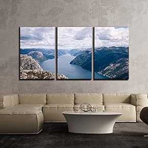 3 Piece Canvas Wall Art - Panorama View,Mountain Landscape with River - Modern Home Art Stretched and Framed Ready to Hang - 16"x24"x3 Panels