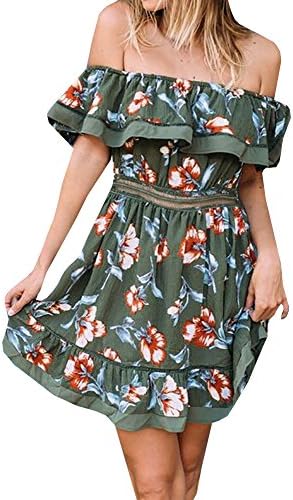 Pxmoda Women's Floral Print Red Dress Sexy Off Shoulder Layer Ruffle Mini Dress (Medium, Y-Green)