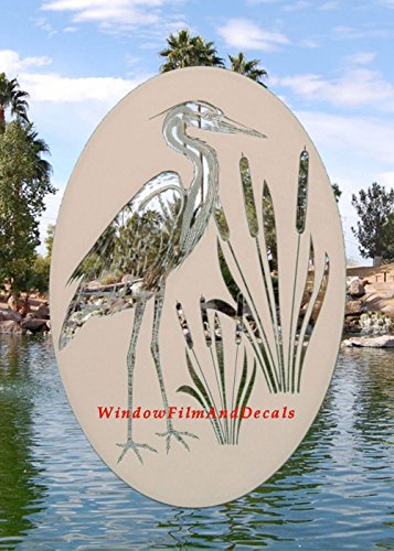 Oval Egret & Cattails Left Etched Window Decal Vinyl Glass Cling - 21" x 33" - White with Clear Design Elements