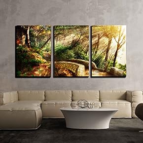 3 Piece Canvas Wall Art - Mystical Park Old Trees and Ancient Stone Bridge Pathway - Modern Home Art Stretched and Framed Ready to Hang - 16"x24"x3 Panels