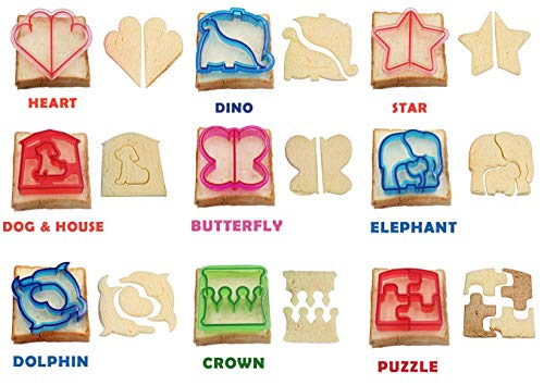 JONYEE Sandwich Cutters for Kids - 9 Fun Lunch Cutters with Free 8 Stainless Steel Vegetables Fruit Shapes Cookie Cutters Bread Crust Shaper for Biscuits Pancakes and 5 Animal Food Picks