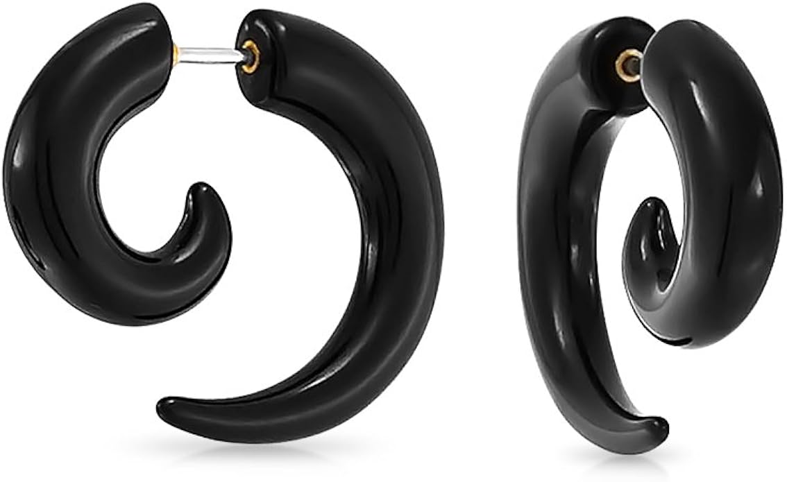 Black Round Spiral Fake Faux Ear Plug Taper Surgical Steel Earrings for