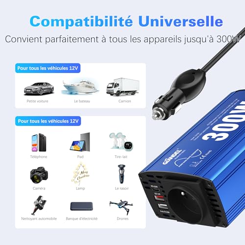 300W Pure Sine Converter 12V 220V 230V Pure Sine Wave Inverter Car Adapter with PD30W Type-C & QC 3.0 Type-A USB for Tablets Smartphones GIANDEL