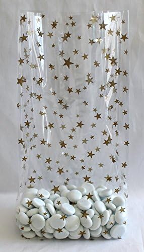 Gold Stars Cello Party Favor Treat Bags 5" x 3" x 11 1/2" Pack of 25