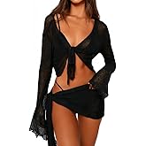 Women's 2 Pieces Outfits Mesh Perspective Suit Swimming Beach Long Sleeve Crop Top and Mini Skirt Set