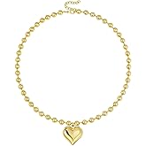 KELORIS PATH Heart Necklace for Women, 14K Gold Plated Chunky Puffy Pendant Charm Choker, Trendy Statement Ball Chain Jewelry Gifts