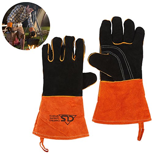 Oven Grill BBQ Gloves, Extreme Heat Resistant Extra Long Cowhide Leather Fireplace, Barbecue Cooking Baking, Welding Work Hand Mitts