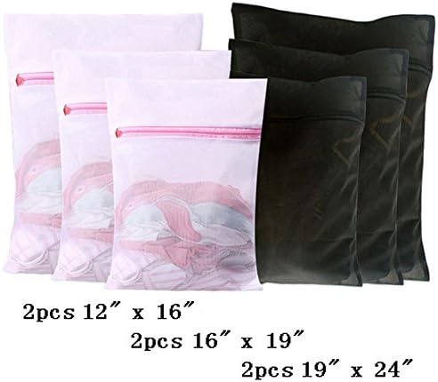 Set of 6 Delicates Mesh Laundry Wash Bags-2 Jumbo,2 Large and 2 Medium for Hosiery,Underwear,Bra and Lingerie,Travel Storage Bags with Zipper(3 White,3 Black)