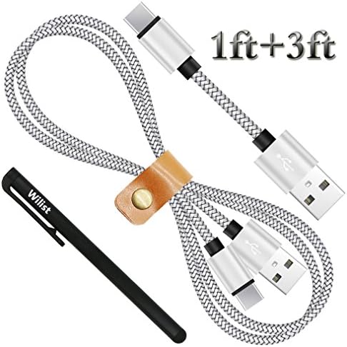 Wilist 2 Pack 1ft + 3ft Short and Long Nylon Braided USB Type C Cable USB C 3.1 to USB A Adapter Data Sync Charging Cord Support Quick Charge 3.0 or 2.0 Charger for USB-C Connector Devices Silver