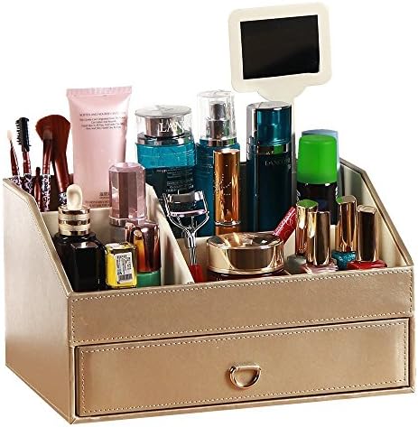 PU Leather Cosmetic Organizer, Cosmetics Storage Boxes Wood MDF Makeup Organizer Jewelry Case with mirror Gifts for Lady Girl (Gold)
