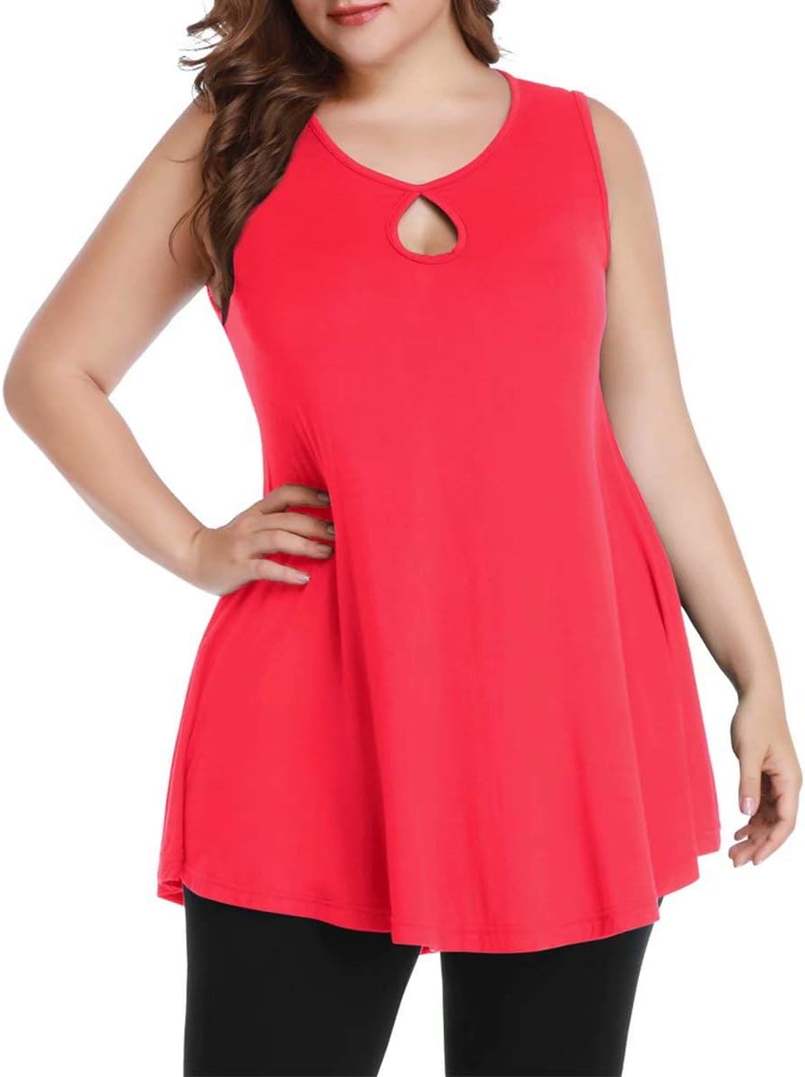 MONNURO Women's Plus Size Sleeveless Keyhole Summer Sexy Shirts Casual Loose Flowy Swing Tunic Tank Tops