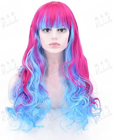 WIAGHUAS Cosplay Costume Party Wig Heat Resistant Female Long Curly Hair Lovely Pink Blue Red Gradient Color,Rose Red Blue
