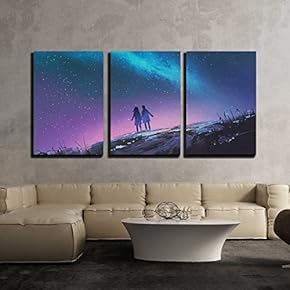 3 Piece Canvas Wall Art - Young Couple Standing Holding Hands Against The Milky Way Galaxy - Modern Home Art Stretched and Framed Ready to Hang - 16"x24"x3 Panels