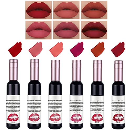 CAHIUYOA 6 Colors Wine Lip Tint Set Lip Stain Matte Liquid Lipstick Long Lasting Waterproof Wine Lipstick,Moisturizing Natural Non-stick Cup Wine Bottle Pack Lip Gloss Makeup