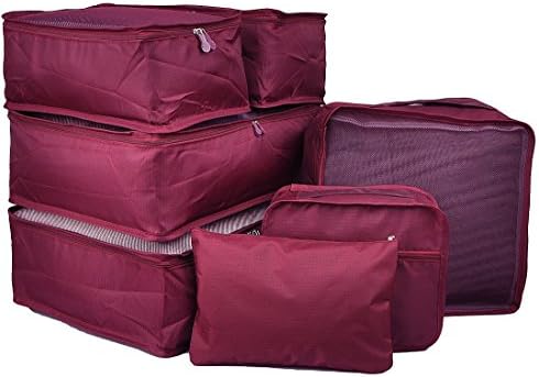 7 Set Travel Packing Organizer,Waterproof Mesh Durable Luggage Travel Cubes,1 Shoe Bag (Wine Red-A)