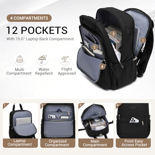 Kono Laptop Backpack for 15.6 Inch Women, Large Capacity, Waterproof with Bottle Pocket, Ideal for Work, University, Travel (Black)