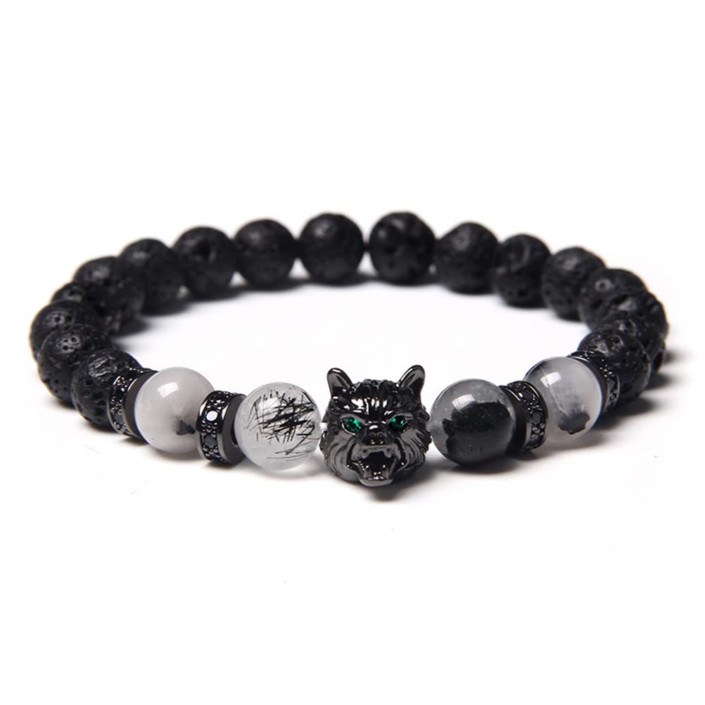 OADAA Save A Wolf Bracelet, Wolf Head Lava Rock Bracelet, Healing Crystal Stress Relief Anti Anxiety Energy Stone Beaded Bracelet, Healing Lava Bracelet for Men (Black White)