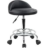 KKTONER PU Leather Round Rolling Stool with Foot Rest Height Adjustable Swivel Drafting Work SPA Task Chair with Wheels (Black)
