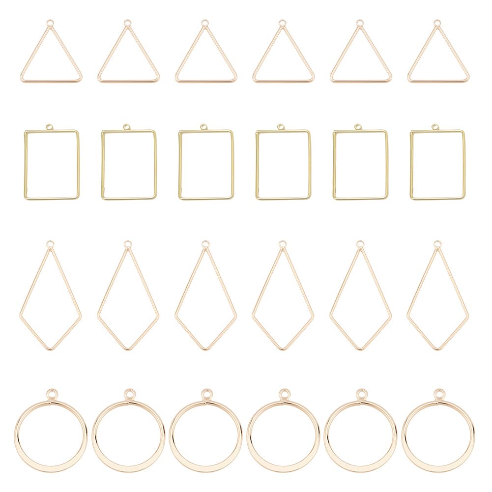 BENECREAT 24Pcs 4 Styles 18K Gold Plated Hollow Geometric Charm Pendants, Open Bezel Pendants for Earrings Bracelet Necklace Jewelry Making Crafts, 6pcs/Style