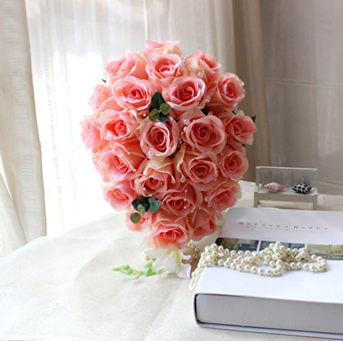 Bluecastle Artificial Rose Cascading Bridal Bouquet -26 Heads Flower for Wedding Bouquet, Flowers Bunch Hotel Party Garden Floral Decor (Pink Champagne)