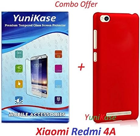 YuniKase (COMBO OFFER) for Xiaomi Redmi 4A / Xiaomi Redmi 4a - - - Hard Matte Finish Back Cover Case ( Red ) + Premium Tempered Glass screen Protector - - - ( Transparent )