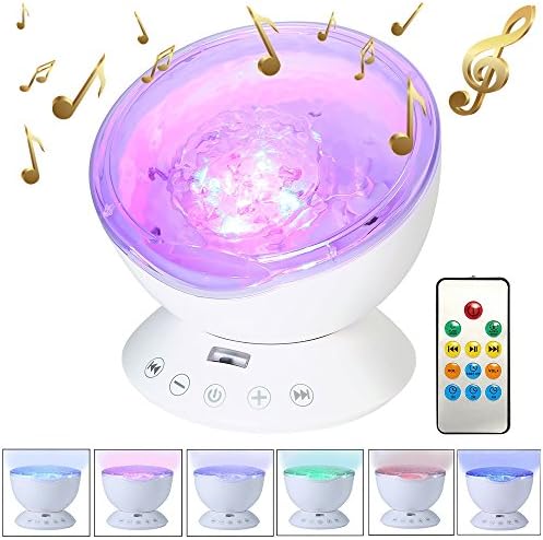 [Upgraded Model] Yusam Newest Upgrade Version Ocean Wave Projector 4 Sounds &amp; 12 LED &amp; 7 Colors Projector Nightlight With Remote Control (Upgraded White)